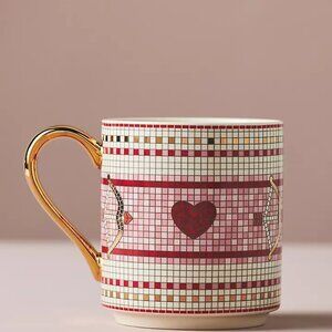 NEW Anthropologie Bistro Tile Espresso Cup Red Gold Valentines Collection Love